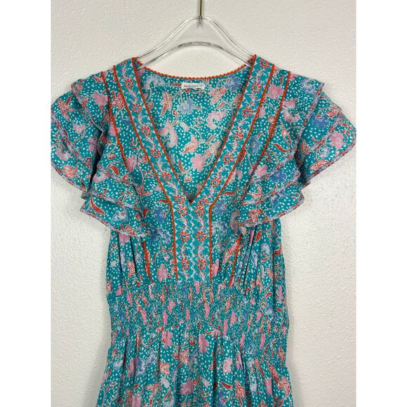 Poupette St. Barth Camila Ruffled Mini Dress Teal Sz Small - Picture 4 of 7